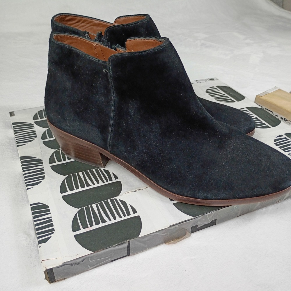 Sam Edelman Black Suede Ankle Boots Low Block Heel Side Zip Booties Womens - Picture 2 of 9